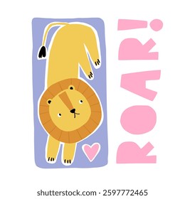 Hand drawn collage print with cute lion. Vecror print. Playful flat style