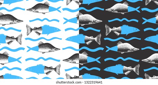 Hand drawn collage seamless pattern of pink salmon fish. Can be use for menu or packaging design. Seafood vector illustration. Modern background. Engraved and cute style.