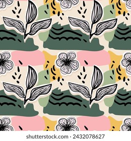 Hand drawn collage seamless pattern design, vector illustration. 