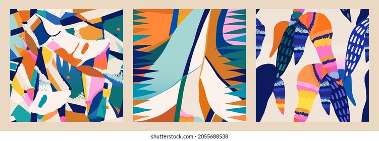 Hand drawn collage trendy abstract pattern set. Creative template for design. Modern cartoon style. Juicy bright colors.