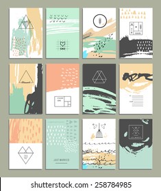 Hand drawn collection of 12 artistic invitations with trendy geometric icons and logotypes. Wedding, marriage, bridal, birthday, Valentine's day. Isolated 