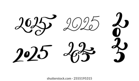 Hand drawn collection of 2025 lettering numbers in different calligraphic styles for new year greeting card or party invitation design