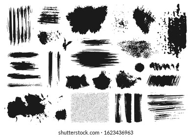 Hand drawn collection of abstract ink spots, brush strokes, lines, textures and paint splashes. Grunge set of graphic illustrations for banner template. Vector elements isolated on white background.