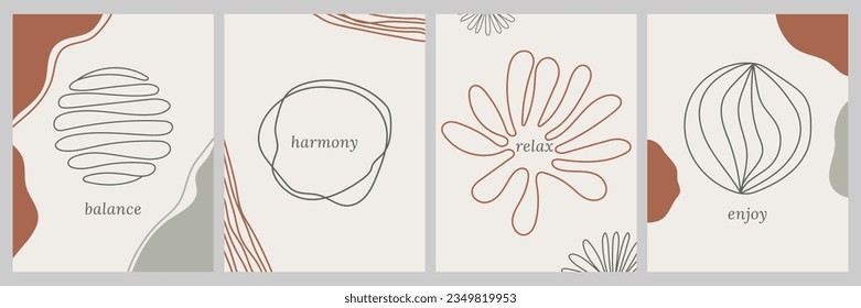 Hand drawn collection of abstract posters. Motivational phrases with self care. Modern graphic elements and natural lines. Trendy collage. Creative template for a postcard, social media post, web