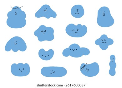 Hand drawn collection abstract shapes with different face emotions. Doodle various figures for kids illustration. Cute funny characters.