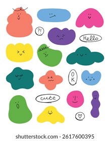Hand drawn collection abstract shapes with different face emotions. Doodle various figures for kids illustration. Cute funny characters.