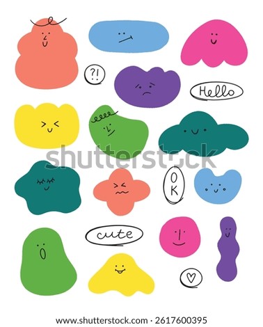 Hand drawn collection abstract shapes with different face emotions. Doodle various figures for kids illustration. Cute funny characters.