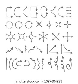 Hand drawn collection of arrow doodles. Handmade sketches of arrows.