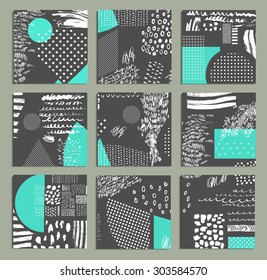 Hand drawn collection of artistic cards and  invitations with trendy colors, shapes and textures. Wedding, marriage, bridal, birthday, Valentine's day. Isolated 