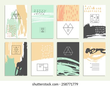 Hand drawn collection of artistic invitations with trendy geometric icons and logotypes. Wedding, marriage, bridal, birthday, Valentine's day. Isolated 