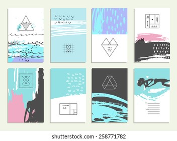 Hand drawn collection of artistic invitations with trendy geometric icons and logotypes. Wedding, marriage, bridal, birthday, Valentine's day. Isolated 