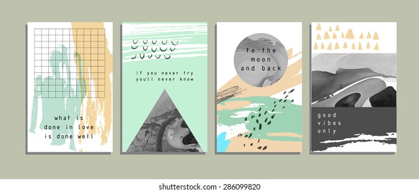 Hand drawn collection of artistic invitations with textures and trendy geometric shapes. Wedding, marriage, bridal, birthday, Valentine's day. Isolated 