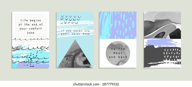 Hand drawn collection of artistic invitations with textures and trendy geometric shapes. Wedding, marriage, bridal, birthday, Valentine's day. Isolated 