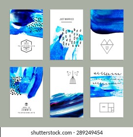 Hand drawn collection of artistic invitations made by acrylic homemade texture with trendy geometric icons and logotypes. Artistic background. Wedding, marriage, bridal, birthday, Valentine's day 