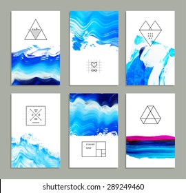 Hand drawn collection of artistic invitations made by acrylic homemade texture with trendy geometric icons and logotypes. Artistic background. Wedding, marriage, bridal, birthday, Valentine's day 