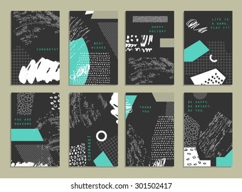 Hand drawn collection of artistic invitations with trendy colors, shapes and textures. Wedding, marriage, bridal, birthday, Valentine's day. Isolated 