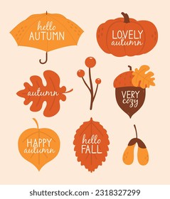 Hand drawn collection of autumn badges, labels, stickers. Cute and cozy cliparts with umbrella, acorn, oak leaf, pumpkin, berry. Modern illustrations in flat minimal style. Hello autumn, fall concept.