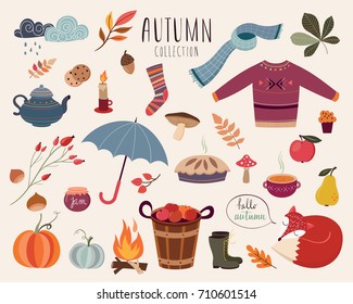 Hand drawn collection with autumnal elements, vector design.