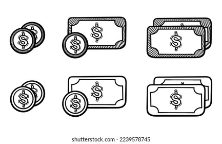 hand drawn collection of banknotes and coins with a dollar sign in the center on a white background