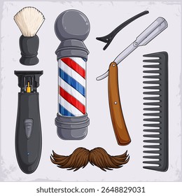 Hand drawn collection of barber tools, cordless trimmer, detangling comb, moustache, razor, barbers pole, shaving brush, alligator hairclip