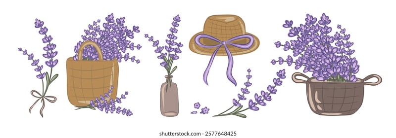 A hand drawn collection of beautiful lavender flowers, hats, and baskets.