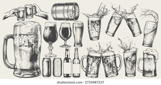 Hand drawn collection of beer glasses, mugs, bottles, cans, and splashing liquid illustrated in detailed black and white line art. The artwork features frothy drinks, clinking glasses, and dynamic splash effects, suitable for brewery branding, packaging, menus, festival promotions, and hospitality design projects.