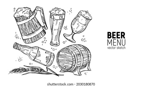 Hand drawn collection of beer and beer ingredients