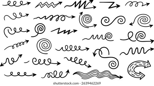 Hand drawn collection of black arrow doodles in various shapes and directions for design use