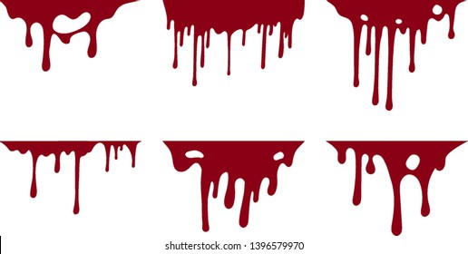 Hand Drawn Collection Of Blood Paint Splatter Backgrounds. Horror Leak. Bloody Ink Drip. Melting Graffiti Drops. Vector Isolated Red Grunge Stain.