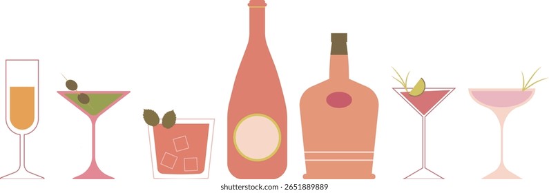 Coleção desenhada à mão de garrafas, bebidas e coquetéis em estilo plano. Ilustração de vetor simples em cores retro pastel. Conjunto de ícones de bebidas