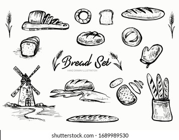 Hand drawn collection of bread illustration. 