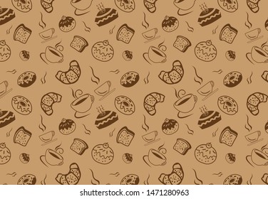 Hand Drawn Collection Bread Shape. Pattern With Different Cupcakes. Bakery Pattern. Coffee Cafe. Interiors. Wallpaper. Backdrop. Wrapping Card. Surface. Vector - Illustration