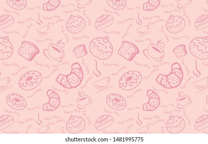 Hand drawn collection bread shape. Vector bakery seamless pattern.  Background Pink. Coffee Wallpaper. Backdrop. Outline Background Pink. Vector illustration