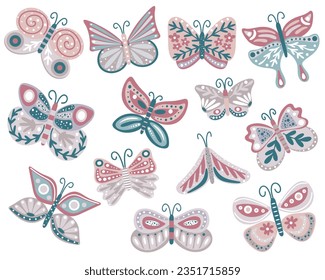 Hand drawn collection of butterflies decorated with flowers and herbs