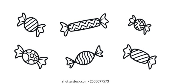 Hand Drawn Collection Of Candy Doodles In Various Shapes And Patterns. Linear Vector Illustration Perfect For Birthday