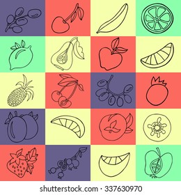 Hand drawn collection of cartoon black fruits in doodle lines style on colorful squares background