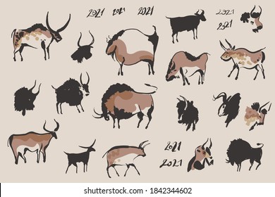 Hand drawn collection of cave animals bulls. The symbol of the Chinese New Year. Sumi-e painting. Vector illustration