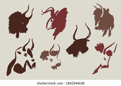 Hand drawn collection of cave animals bulls. The symbol of the Chinese New Year. Sumi-e painting. Vector illustration