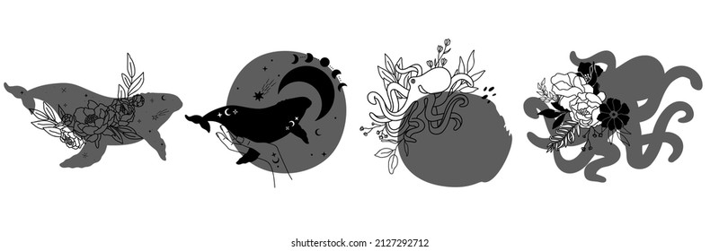 Hand drawn collection of celestial wild animals