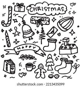 Hand drawn collection of christmas clipart. Christmas design elements in outline doodle style. Set for christmas, new year and celebrations. Cute christmas doodle vector.