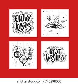 Hand drawn collection of Christmas and New Year greeting cards. Black and white lettering with holiday elements.