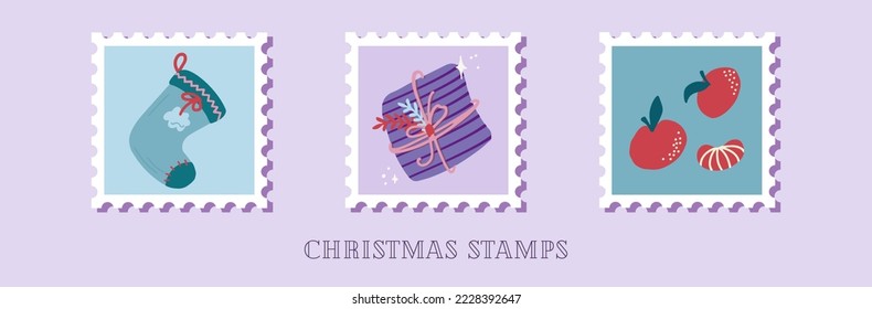 Hand drawn collection of christmas postage stamps in cartoon style