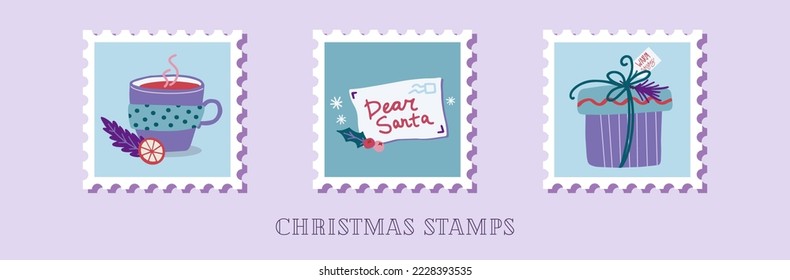 Hand drawn collection of christmas postage stamps in cartoon style