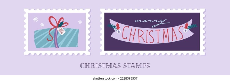 Hand drawn collection of christmas postage stamps in cartoon style