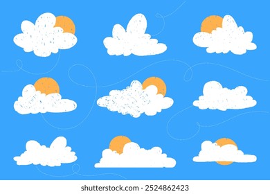 Dibujado a mano colección de nubes. Abstractas dibujos animados e iconos de nube esponjosa.