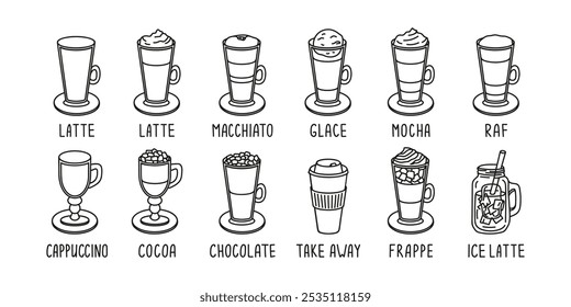 Menu de café de coleção desenhado à mão com glace, latte, macchiato, mocha, raf, gelado latte, cacau, chocolate, frappe, cappuccino, tirar rabiscar café