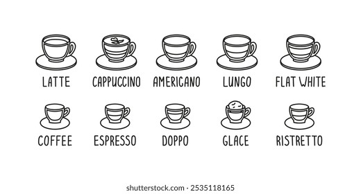 Menu de café de coleção desenhado à mão com café expresso, doppio, glace, ristretch, café com leite, cacau, chocolate, cappuccino, americano, lungo, rabiscar de café branco plano
