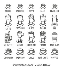 Menu de café de coleção desenhado à mão com espresso, doppio, glace, ristreto, latte, macchiato, mocha, raf, gelado latte, cacau, chocolate, frappe, cappuccino, americano, lungo, rabeca branca plana
