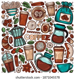 Hand drawn collection of coffee tools and utensils for brewing and serving. Isolated objects. Colorful set of objects and symbols on the theme of coffee time. Vector illustration