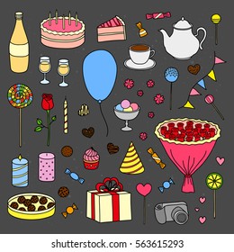 Hand drawn collection of colorful items for birthday, wedding and Valentine's day isolated on chalkboard background.